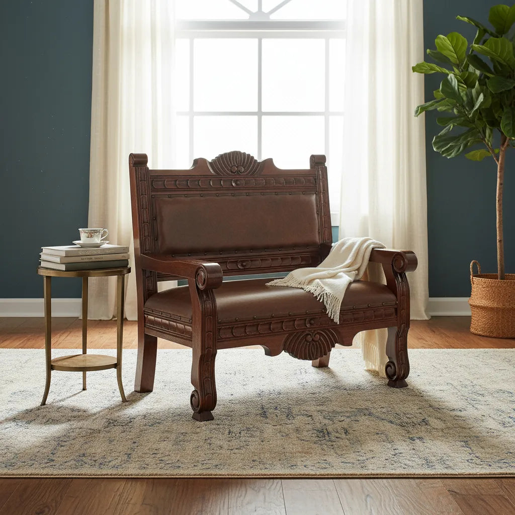 Sofa Love Seat Labrado Madera Mezquite Piel Estilo Hacienda.