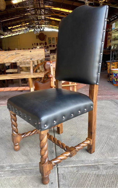 Silla Comedor Madera Mezquite Y Piel Estilo Torzal Antiguo