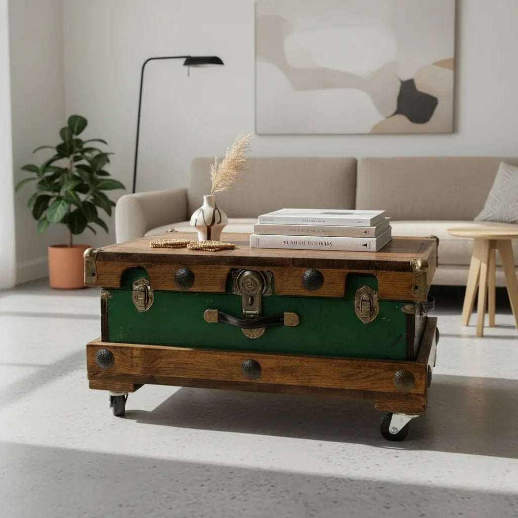 Mesa De Centro Con Baul Petaca Velis Antiguo Verde Claro