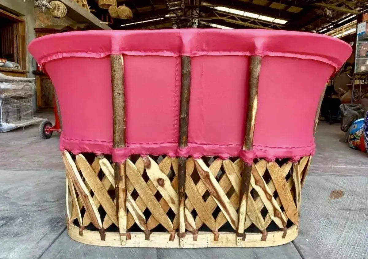 Sillón Love Seat Para 2 Personas Equipal Rosa Madera Piel