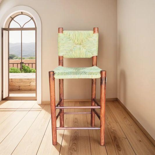 Handcrafted solid wood bench with woven tulle seat, 75 cm high, protected with wax and marine varnish