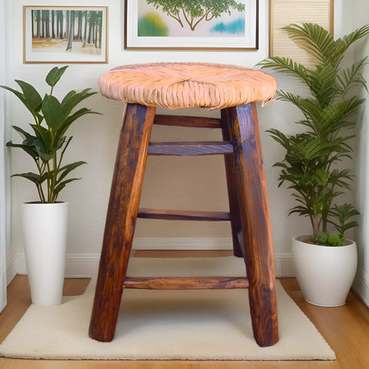 Handcrafted bar stool made of wood and tulle. Antique style.