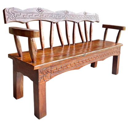 Antigua Y Original Banca Madera De Mezquite Labrada A Mano