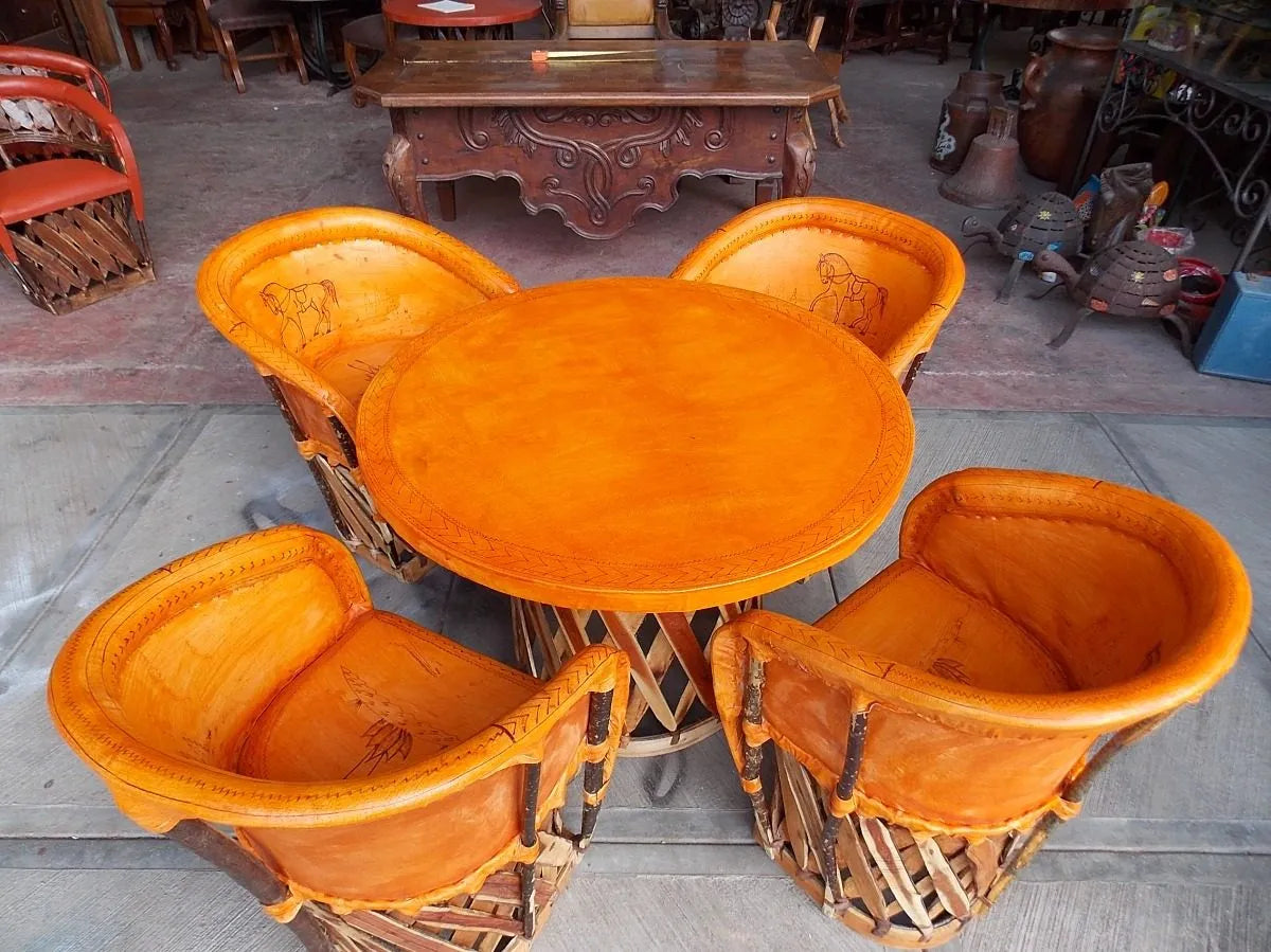 Hermoso Comedor De Equipales Pirograbados Estilo Antiguo.