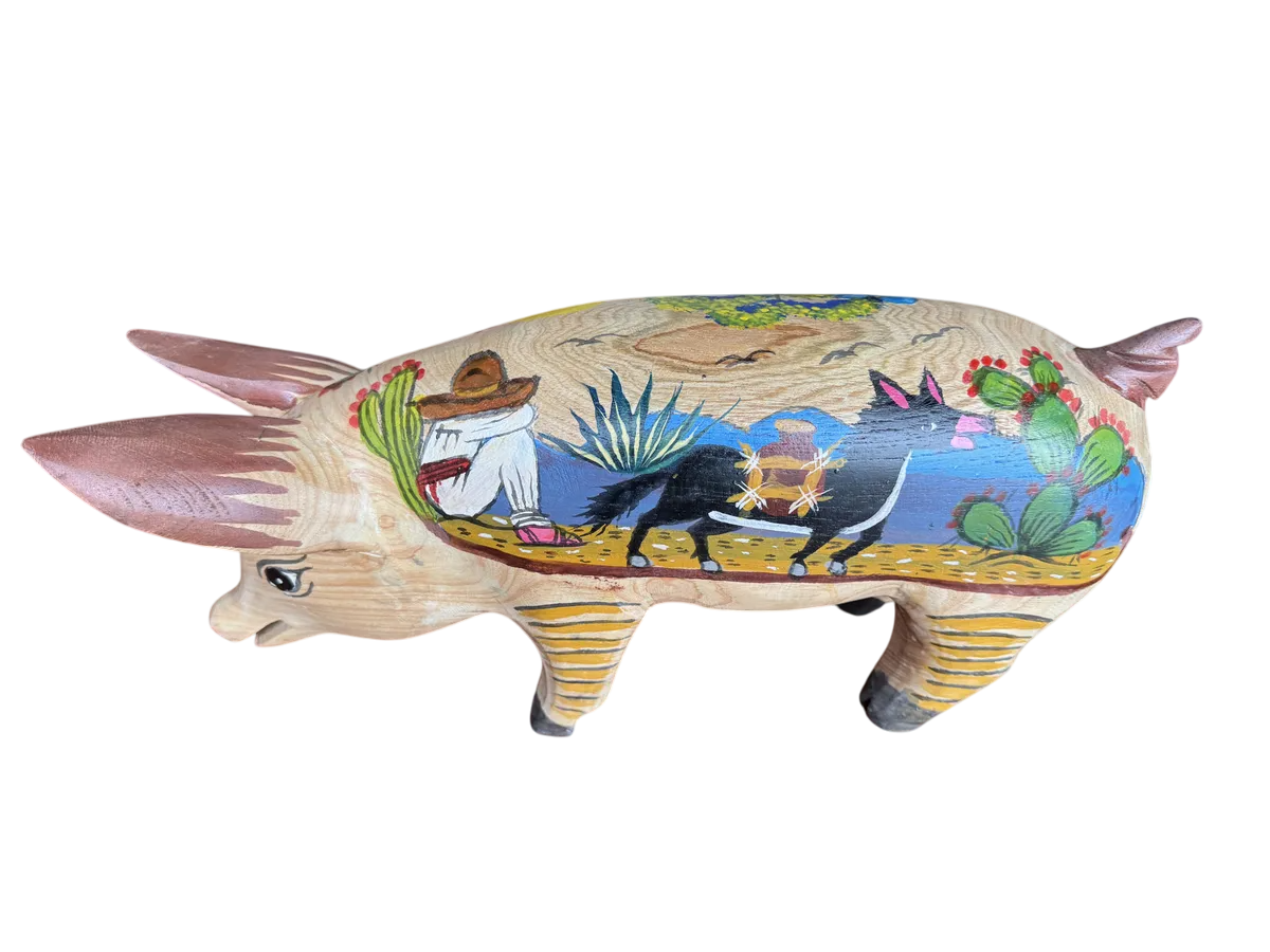 Antigua Escultura Cerdo Puerco Decorado Al Óleo. Oleo