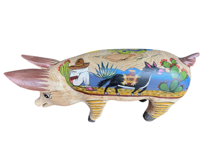 Antigua Escultura Cerdo Puerco Decorado Al Óleo. Oleo