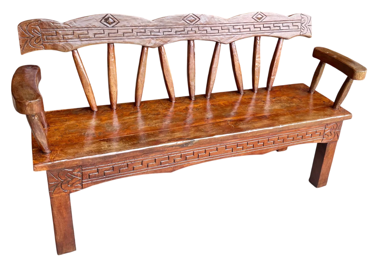 Antigua Y Original Banca Madera De Mezquite Labrada A Mano