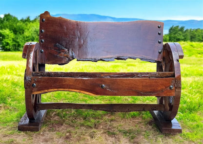 Antique 2-inch (5 cm) thick mesquite wood bench, handcrafted, for 2 people, with antique backrest, original casters, over 100 years old