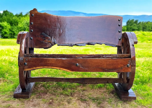 Antique 2-inch (5 cm) thick mesquite wood bench, handcrafted, for 2 people, with antique backrest, original casters, over 100 years old