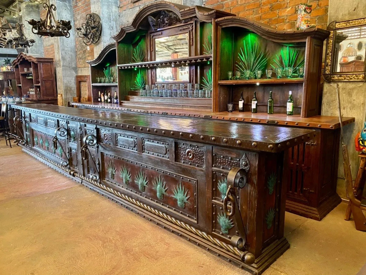 Exclusive Bar Counter Made of Antique Wood and Wrought Iron