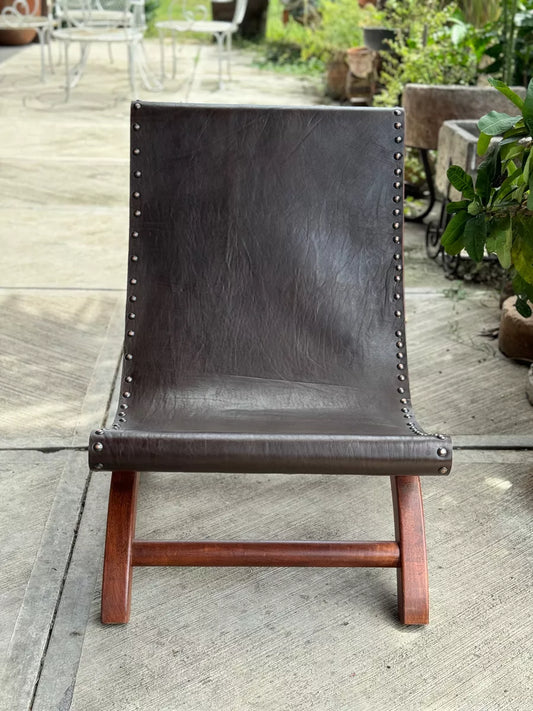 Miguelito Leather and Mesquite Relaxing Chair, Antique Style.