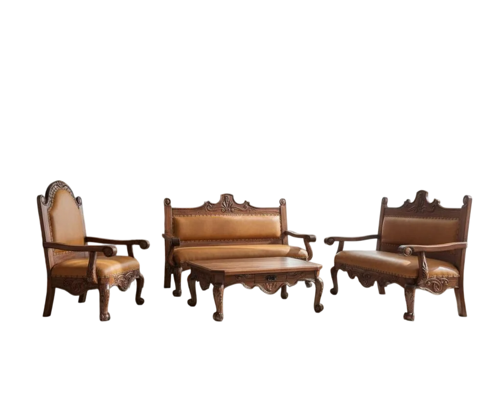 Sala De Madera Mezquite Labrada Y Piel Conquista 100% Nueva Marrón