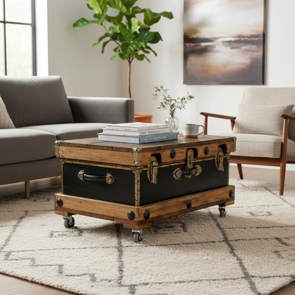 Mesa De Centro Con Baul Petaca Velis Negro Antiguo Azul