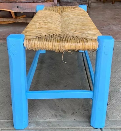 Banca Artesanal Azul Madera Forja Y Tule Estilo Antiguo.