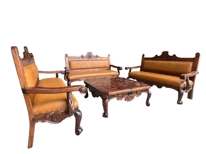 Sala De Madera Mezquite Labrada Y Piel Conquista 100% Nueva Marrón