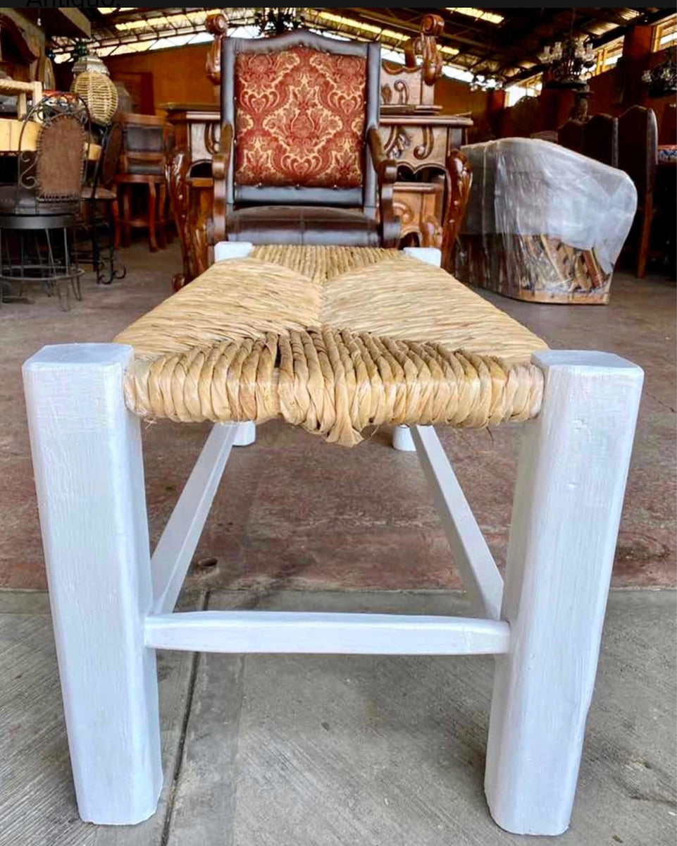 Silla Banca Artesanal Blanca Madera Tule Estilo Antiguo 1.50