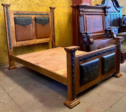 Recamara Madera De Mezquite Y Piel Estilo Antiguo Queen Marrón Claro