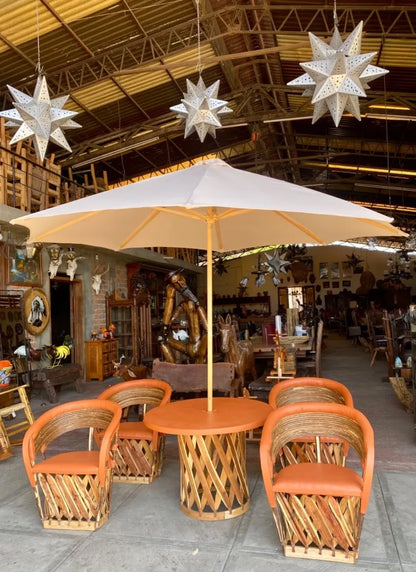 Equipales Wood and Leather Dining Room with Antique Style Umbrella