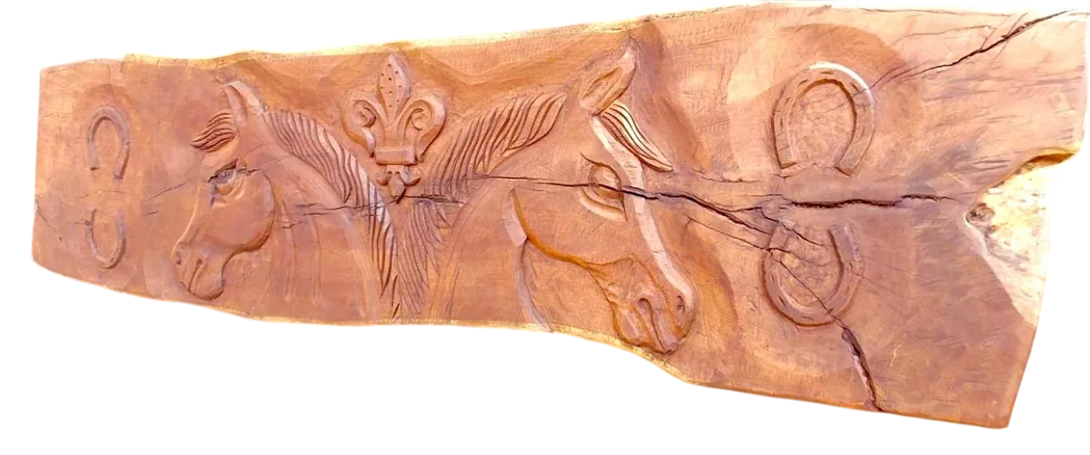 Antique and Original Mesquite Plank with Horse Carving 