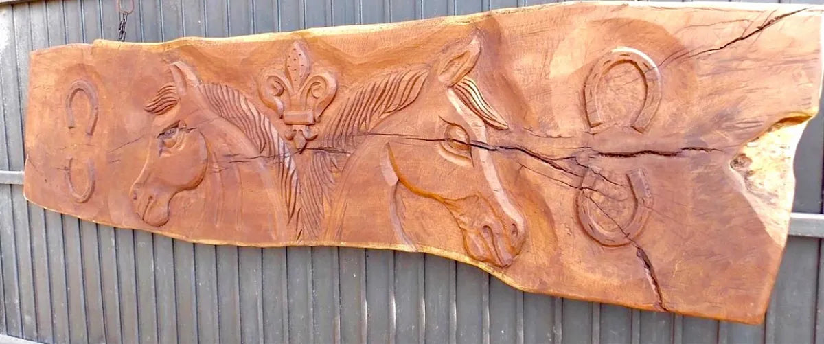 Antique and Original Mesquite Plank with Horse Carving 