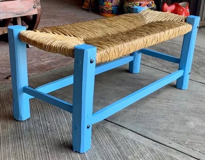 Banca Artesanal Azul Madera Forja Y Tule Estilo Antiguo.
