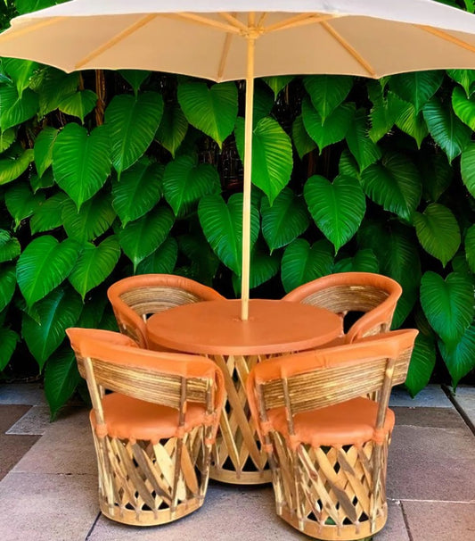 Equipales Wood and Leather Dining Room with Antique Style Umbrella