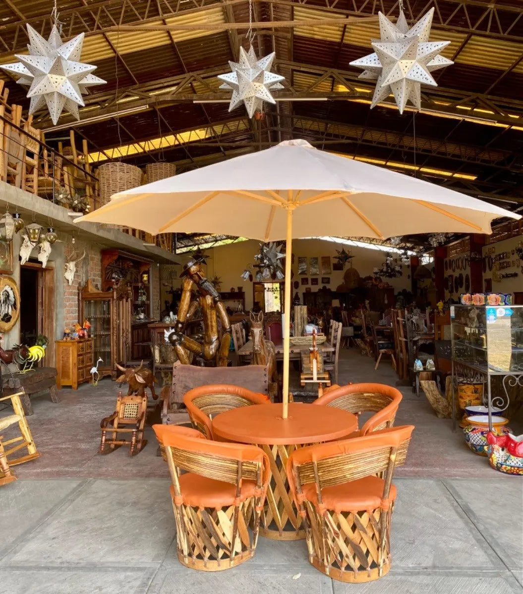 Equipales Wood and Leather Dining Room with Antique Style Umbrella