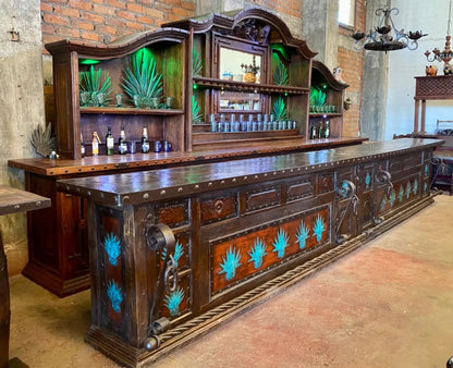 Exclusive Bar Counter Made of Antique Wood and Wrought Iron