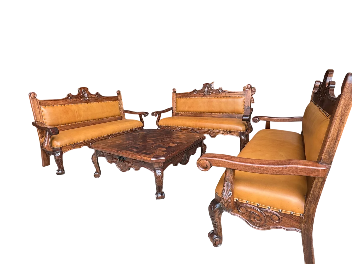 Sala De Madera Mezquite Labrada Y Piel Conquista 100% Nueva Marrón