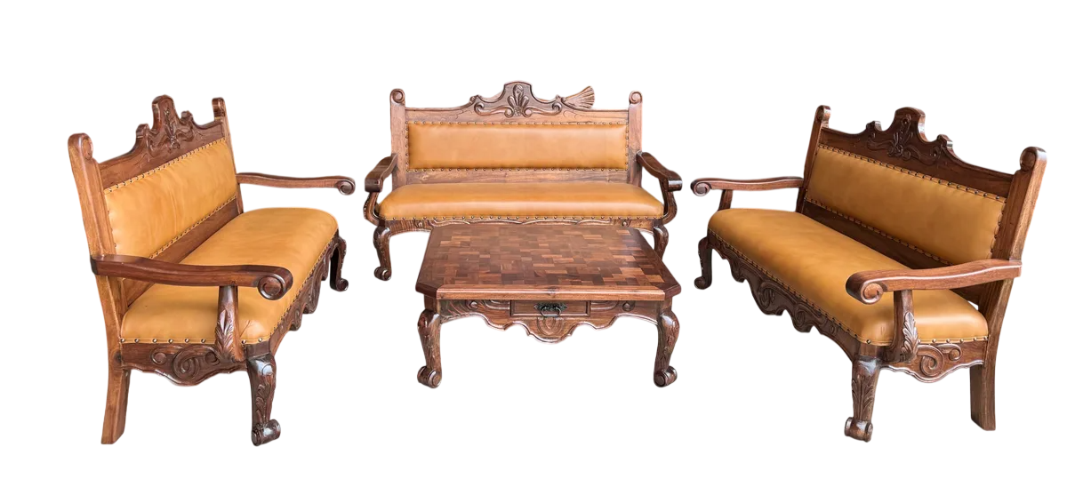 Sala De Madera Mezquite Labrada Y Piel Conquista 100% Nueva Marrón