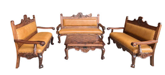 Sala De Madera Mezquite Labrada Y Piel Conquista 100% Nueva Marrón