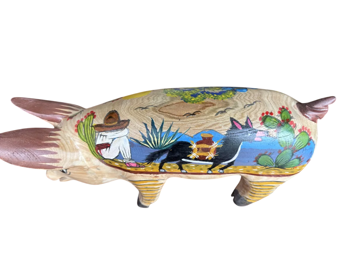 Antigua Escultura Cerdo Puerco Decorado Al Óleo. Oleo