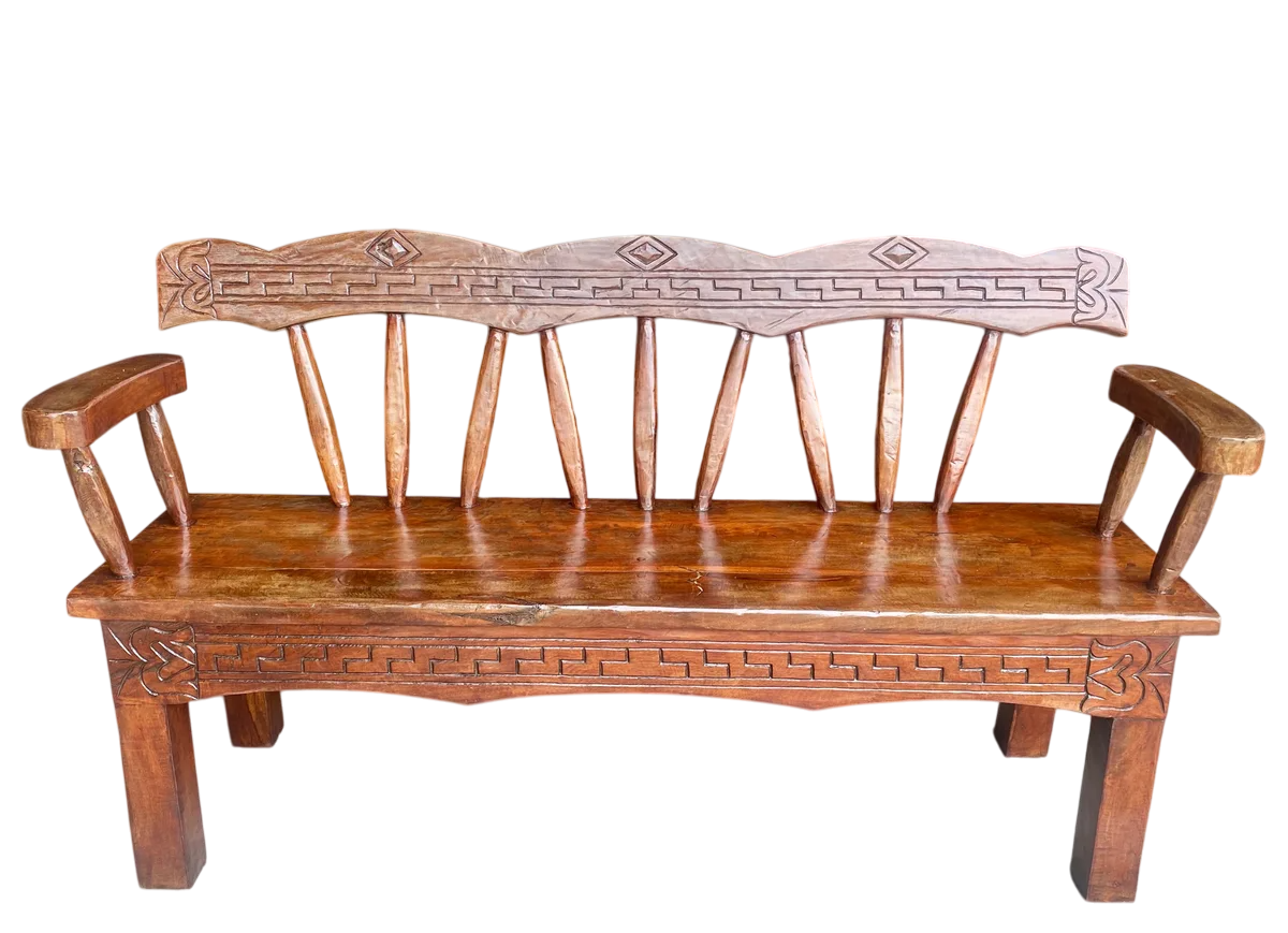 Antigua Y Original Banca Madera De Mezquite Labrada A Mano