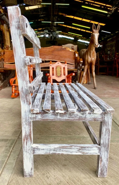 Silla Banca Artesanal Para 2 Personas Antiguo Blanco Vintage