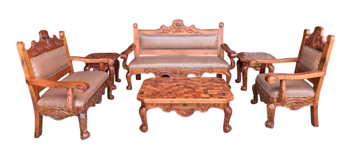 Sala De Madera De Mezquite Labrada Piel Conquista 100% Nueva Marrón