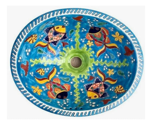 Medium Oval Sink Fine Talavera Antique Style Fish.