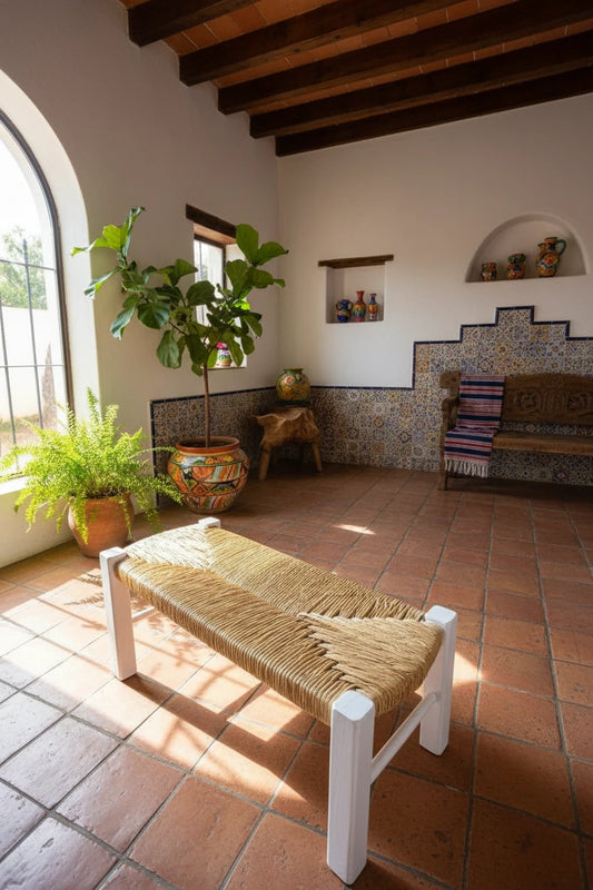 Banca Artesanal Blanca Madera Forja Tule Estilo Antiguo 80cm