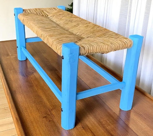 Banca Artesanal Azul Madera Forja Y Tule Estilo Antiguo.