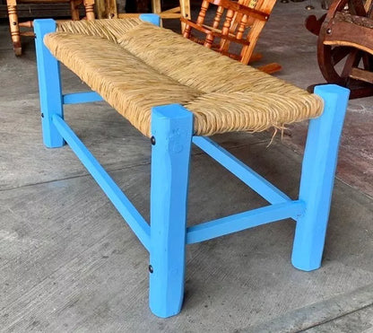 Banca Artesanal Azul Madera Forja Y Tule Estilo Antiguo.