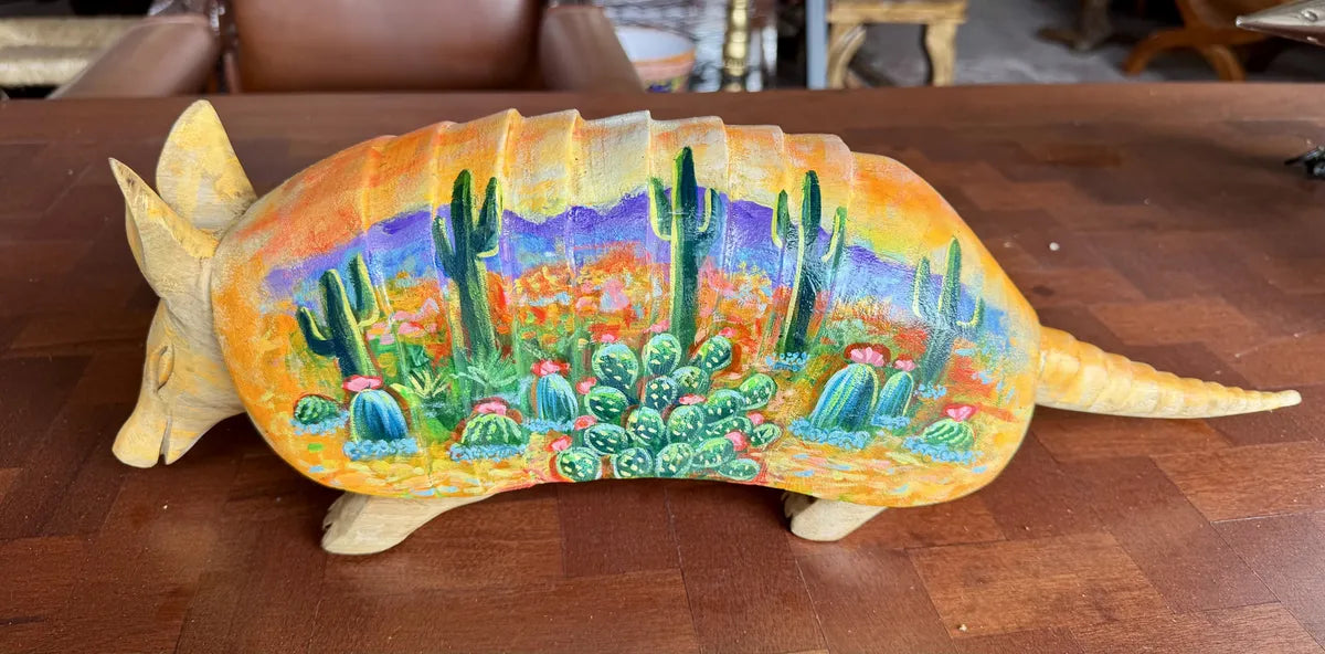 Escultura Armadillo Madera Al Óleo Estilo Antiguo 100% Nueva Oleo