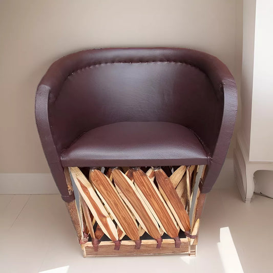 Handcrafted Equipal armchair made of wood and leather. Reinforced.