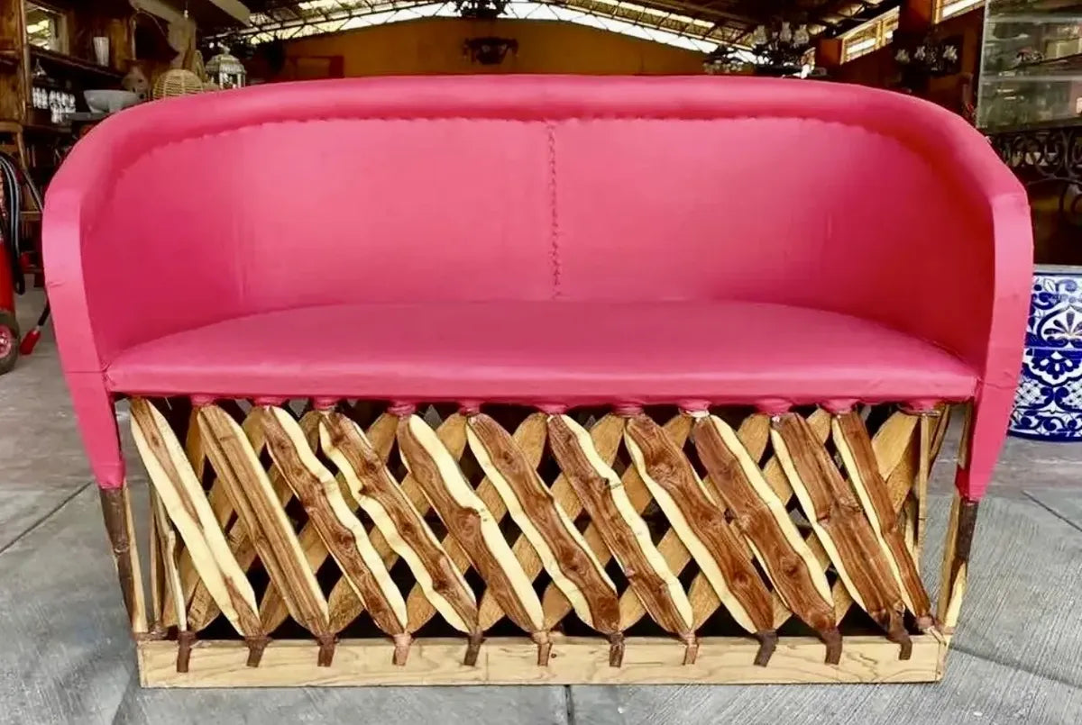 Sillón Love Seat Para 2 Personas Equipal Rosa Madera Piel