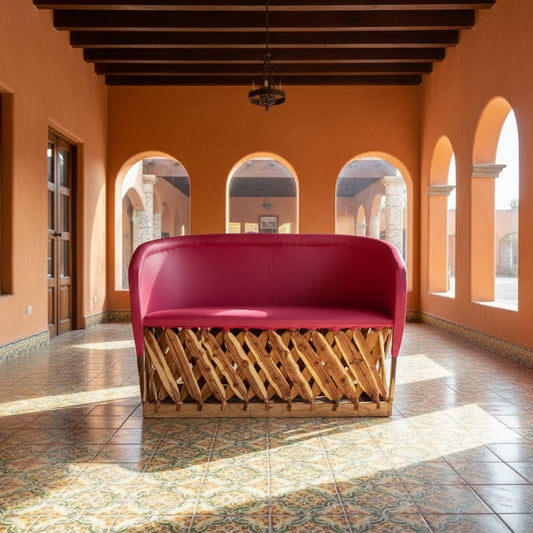 Sillón Love Seat Para 2 Personas Equipal Rosa Madera Piel