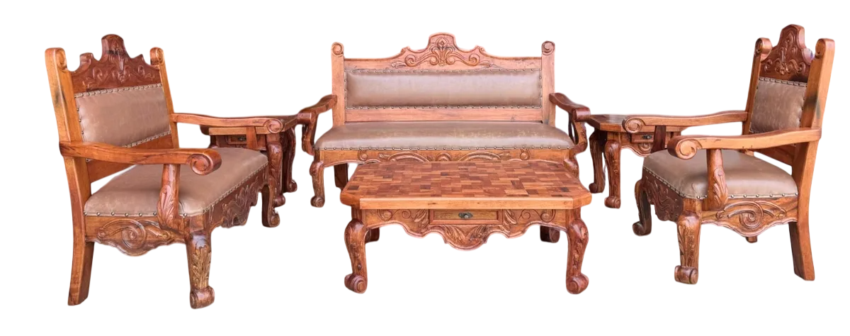 Sala De Madera De Mezquite Labrada Piel Conquista 100% Nueva Marrón