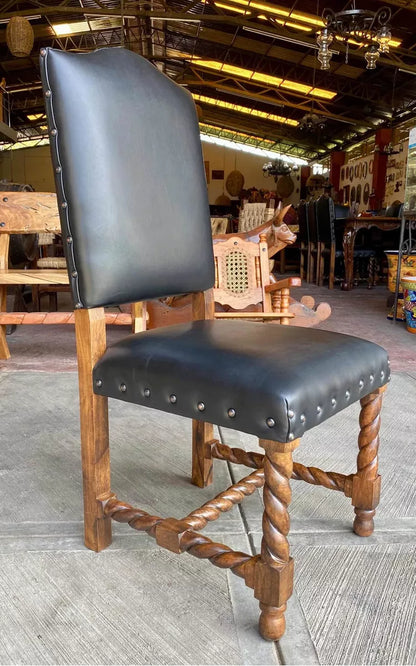 Silla Comedor Madera Mezquite Y Piel Estilo Torzal Antiguo