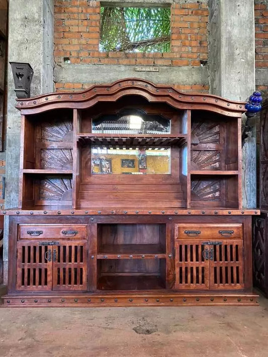 Antique Mesquite Wood and Wrought Iron Cantina Bar