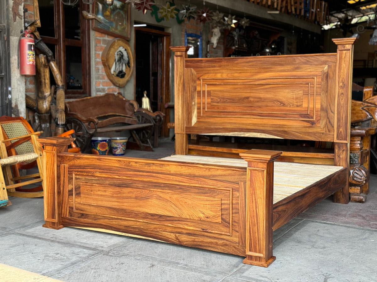 Cama Artesanal De Madera Parota Estilo Antiguo Hacienda King