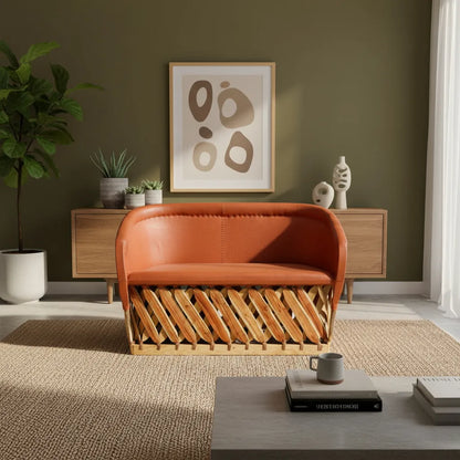 Sillon Love Seat Artesanal Para 2 Personas Tipo Equipal. Marrón Piel Natural