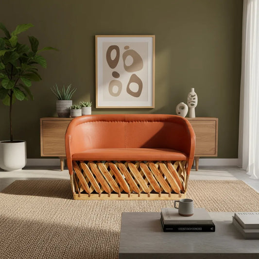 Sillon Love Seat Artesanal Para 2 Personas Tipo Equipal. Marrón Piel Natural