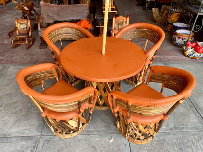 Equipales Wood and Leather Dining Room with Antique Style Umbrella